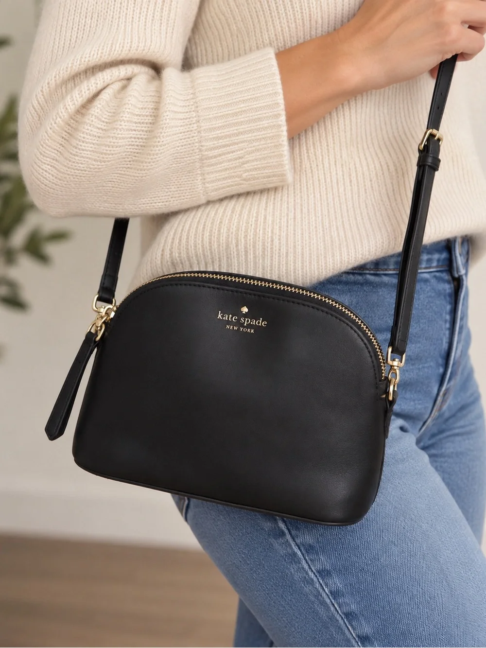 kate spade Black Leather Dome Crossbody with Gold Hardware